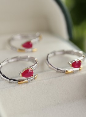 缅甸培育红宝石纯银戒指 约4*6mm水滴 意大利双色工艺 鸽血红