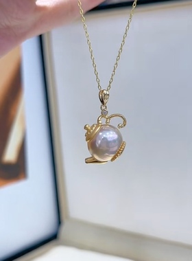 S925银镶极光金茶壶约12mm极光淡水珍珠，送银链