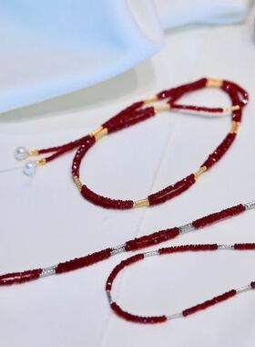 2.5-4mm红宝石磁吸项链，尾部坠极光淡水珠，S925银，总长80cm