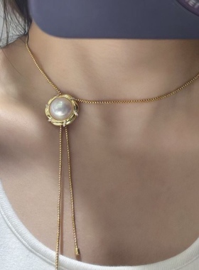 s925银抽拉项链配16mm炫彩马贝珍珠，外径23mm，长60mm