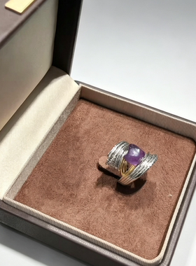 s925银分色，镶天然紫水晶开口戒指