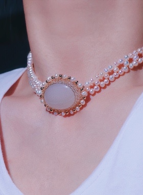 古法编织、天然淡水珍珠，天然白玉髓项链、纯手工制作