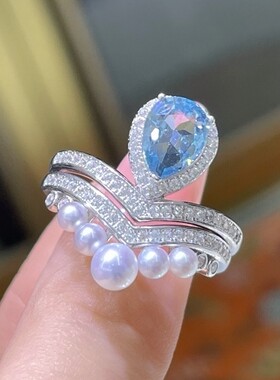 天然淡水Akoya珍珠戒指“海蓝宝s925银镀金 3—4.5mm正圆强光无瑕