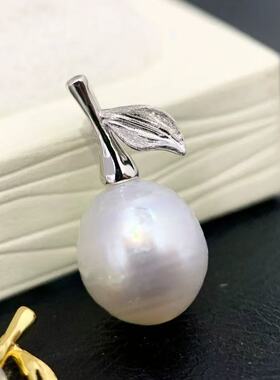 DIY珍珠配件 S925 纯银吊坠空托 金色银色香梨项链坠 10-13mm圆椭
