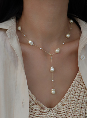 S925纯银不规则白色巴洛克满天星珍珠项链女个性潮流闪亮毛衣链潮