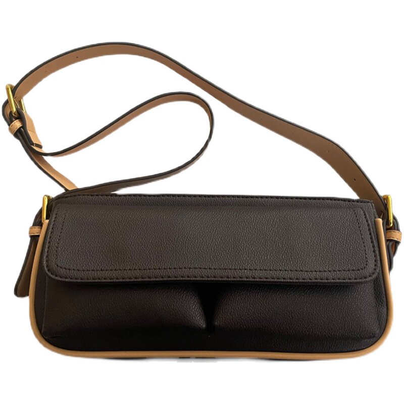 韩国新品自制复古单肩包咖啡色中古腋下包时尚休闲双口袋斜挎包女 - 图3