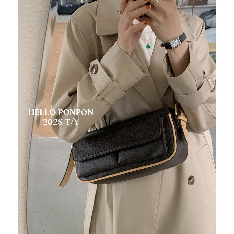 韩国新品自制复古单肩包咖啡色中古腋下包时尚休闲双口袋斜挎包女 - 图0