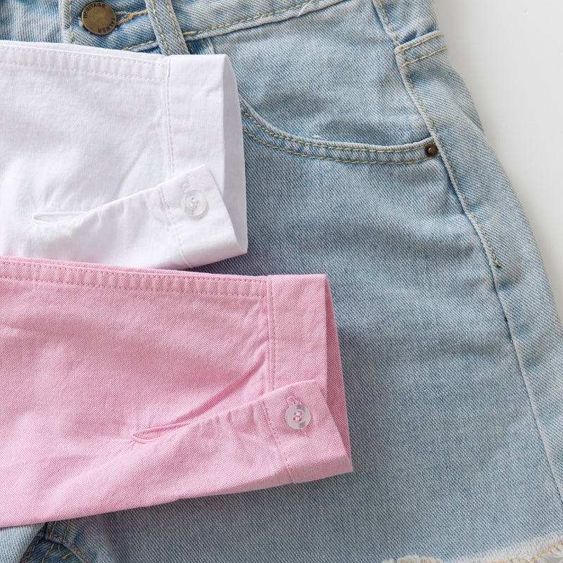 2022春秋季新款小清新娃娃领纯棉牛津纺衬衫女长袖粉色衬衣打底衫 - 图1