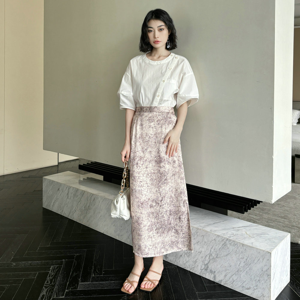 白色晕染醋酸宽松休闲直筒半身裙中长款长裙气质通勤夏女高腰H型