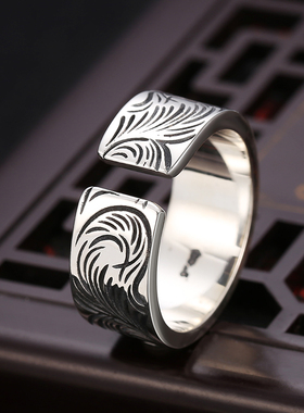 s925纯银男个性镶铜戒指单身羽毛