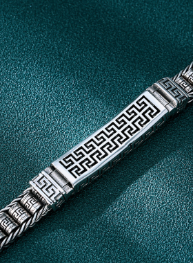 s925纯银民族风回纹男国潮桶珠