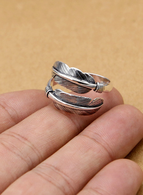 s925纯银潮流羽毛开口印第安风