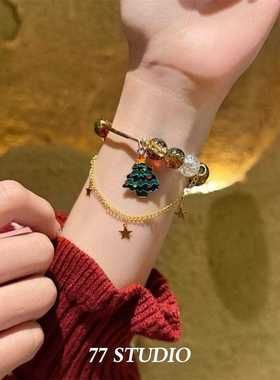 跨境新1款串珠手链鹿圣诞节日庆麋诞圣老人拐杖雪花喜手套水晶手