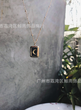 XL016跨境复古方形黑色月亮项链