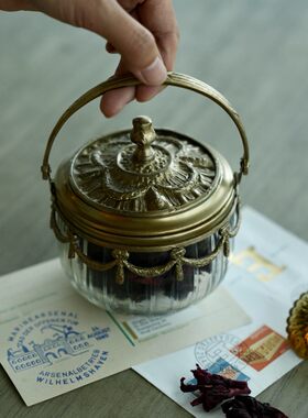 印度进口黄铜加玻璃带盖茶叶罐干果储物罐复古摆件11*15cm4811304