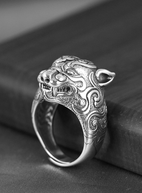 老虎银戒指925纯银霸气男款