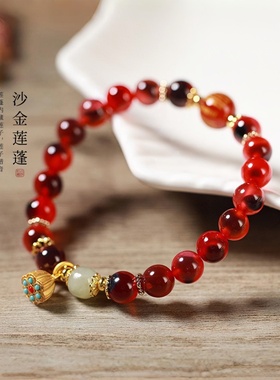 文艺小清新手链女夏季编织甜美糖心玛瑙多彩色和田玉转运珠莲蓬链