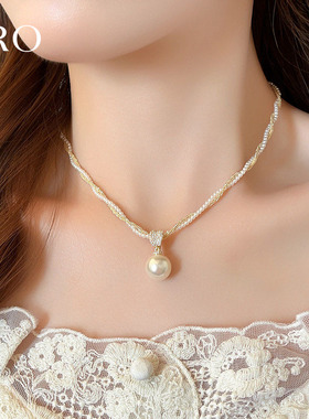 双层缠绕珍珠项链锁骨颈链