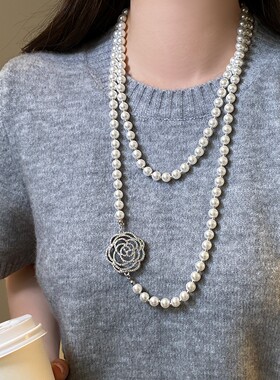 双层黑色珍珠山茶花朵长款项链