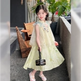 Ципао, летнее детское платье с рукавами без рукавов, ханьфу, длинная юбка, китайский стиль