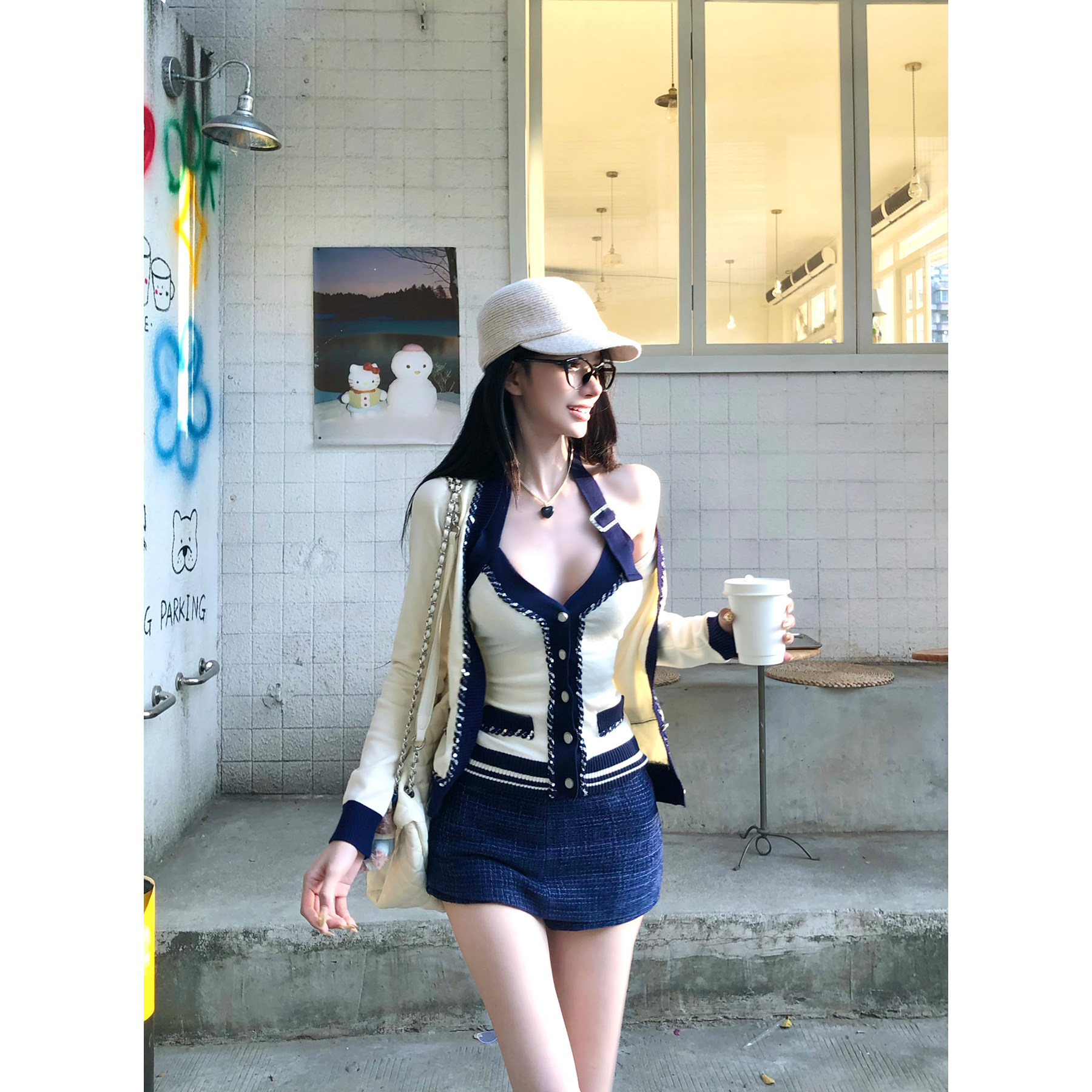 灰尘邓邓 小香风套装女2025冬季新款撞色针织开衫挂脖背心半身裙,淘宝优惠券,粉丝福利购,淘宝优惠卷