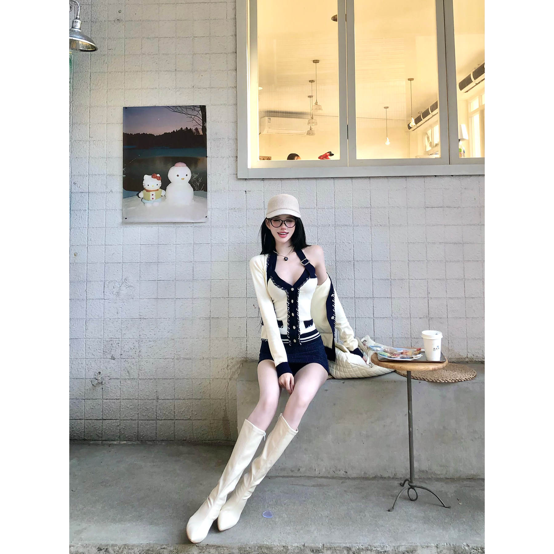 灰尘邓邓 小香风套装女2025冬季新款撞色针织开衫挂脖背心半身裙,淘宝优惠券,粉丝福利购,淘宝优惠卷