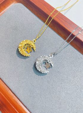 s925纯银镀黄金色星月织梦网项链女碎冰冰锤纹爆闪满天星饰品礼物