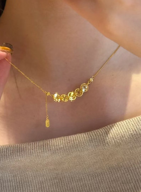 S925纯银镀黄金色钱多多五帝币项链新中式碎冰冰钱币吊坠女锁骨链