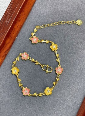 s925纯银镀黄金色首饰新款珐琅粉色玫瑰花枝项链手链女桃花锁骨链