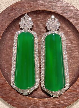 S925纯银首饰天然绿玉髓玛瑙无事牌吊坠长方翡翠绿色时尚复古吊坠