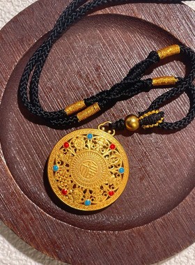s925纯银镀黄金色首饰福字八宝罗盘吊坠编织绳毛衣链新中式女挂坠