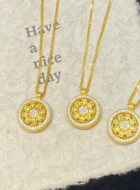 S925纯银镀黄金色镶钻旋转八宝罗盘项链女国潮风吊坠镂空罗盘爆闪