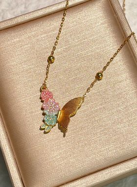 s925纯银镀黄金色新款珐琅彩渐变三生花蝴蝶项链戒指女时尚锁骨链
