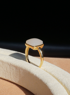 新疆和田玉18k金镶嵌戒指方糖款冰底老料羊脂白玉节日礼物礼品