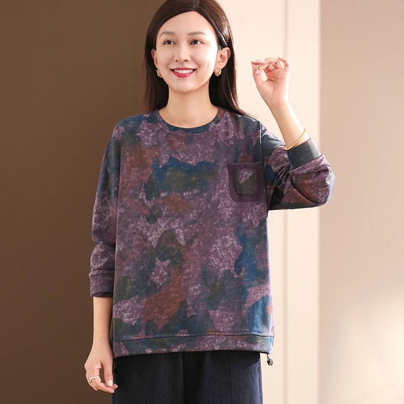 孔雀飞飞2025秋装新款韩版大码遮肉时髦复古印花套头春秋休闲卫衣,淘宝优惠券,粉丝福利购,淘宝优惠卷