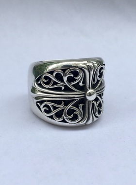 925纯银戒指男十字架藤蔓藤草雕花戒指镂空男士指环权志龙同款
