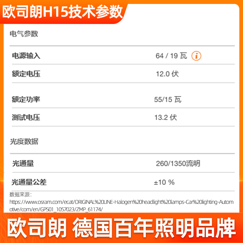 欧司朗H15灯泡12v卤素大灯15/55w远光灯日行灯64176原装汽车大灯 - 图2