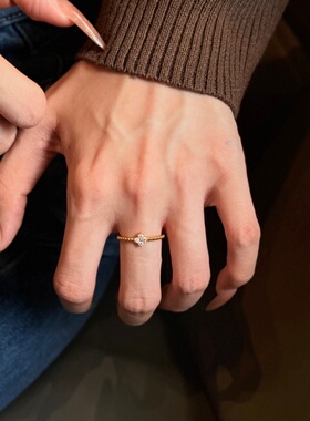 千夕足金9996D白色珠点戒黄金戒指女款送女友七夕情人节生日礼物