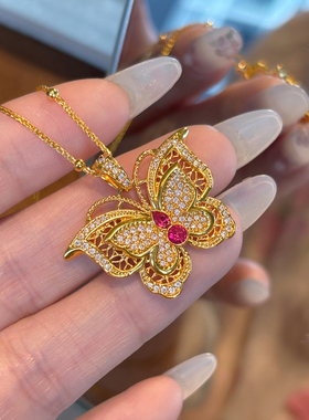 千夕 足金999玲珑花丝蝴蝶黄金吊坠女士春节情人节生日礼物送女友