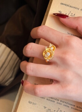 千夕足金9995D拉丝玫瑰戒黄金戒指女款送女友七夕情人节生日礼物