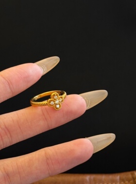 千夕 足金9995D镂空四叶草戒黄金戒指女款情人节生日礼物送女友
