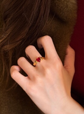 千夕足金9995D红色爱心戒黄金戒指女款送女友七夕情人节生日礼物