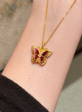 千夕 足金999珐琅红翅蝴蝶黄金吊坠女士春节情人节生日礼物送女友