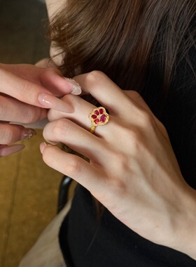 千夕 足金999红宝猫爪戒黄金戒指女款求婚情人节生日礼物送女友