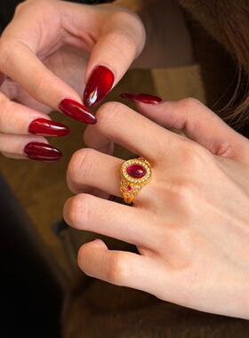 千夕足金999朱砂红戒指黄金戒指可爱女款情人节生日礼物送女友