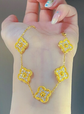 千夕 足金9995D镂空四叶草手链黄金手链女款情人节生日礼物送老婆