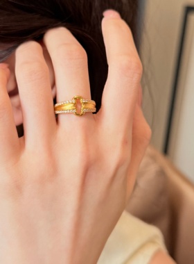 千夕足金999双扣拉丝戒黄金戒指女送女友七夕情人节生日礼物