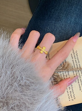 千夕足金9995D守护十字架戒黄金戒指女款送女友情人节生日礼物