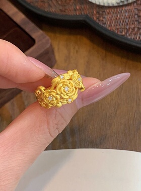 千夕足金9995D玫瑰花戒黄金戒指女款送女友七夕情人节生日礼物