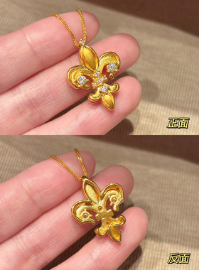 千夕 足金999中古拉丝鸢尾花黄金吊坠情侣情人节生日礼物送女友